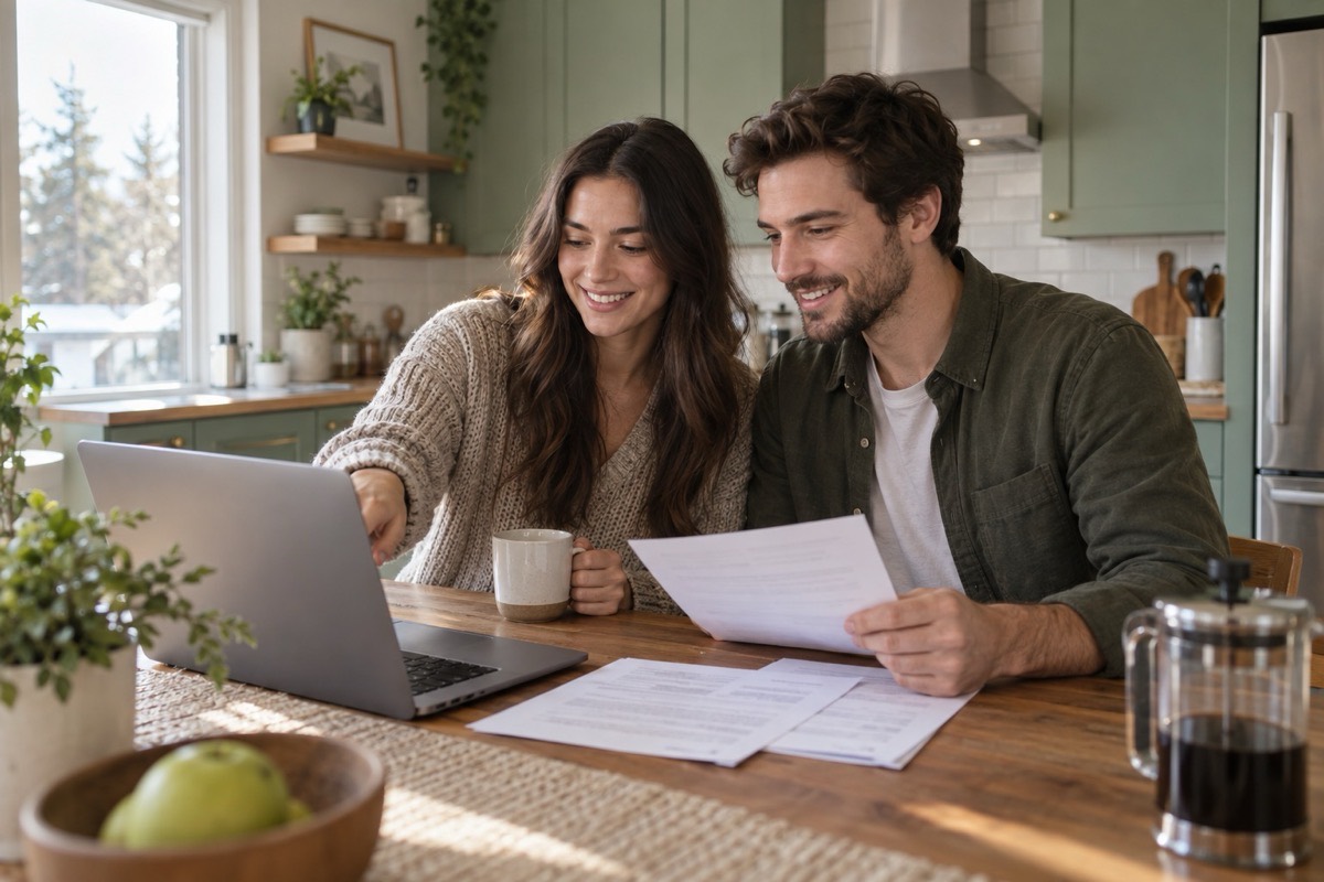 A couple reviewing their shared home finances together at the kitchen table
