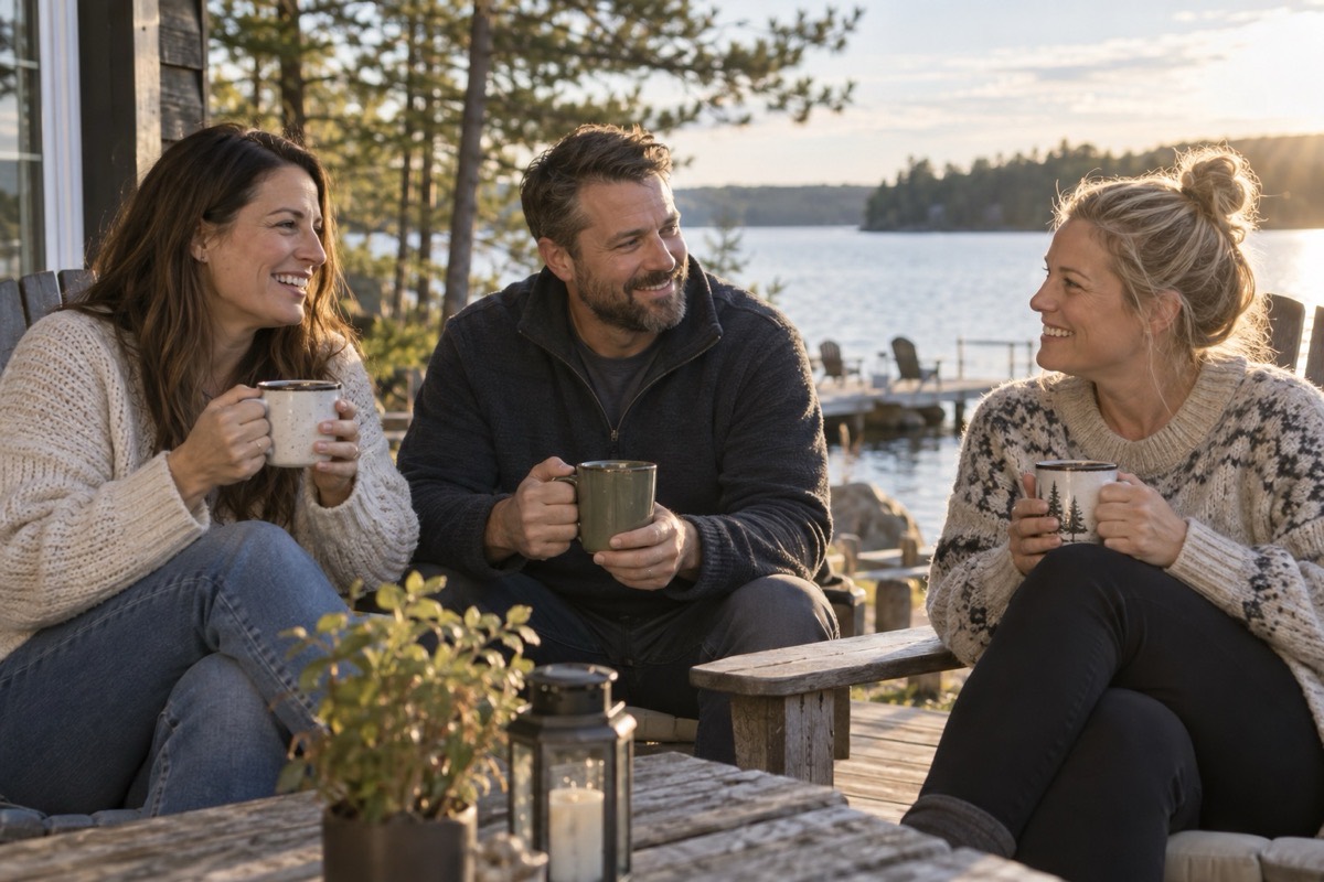 Three siblings chatting on the deck of their family cottage by a lake